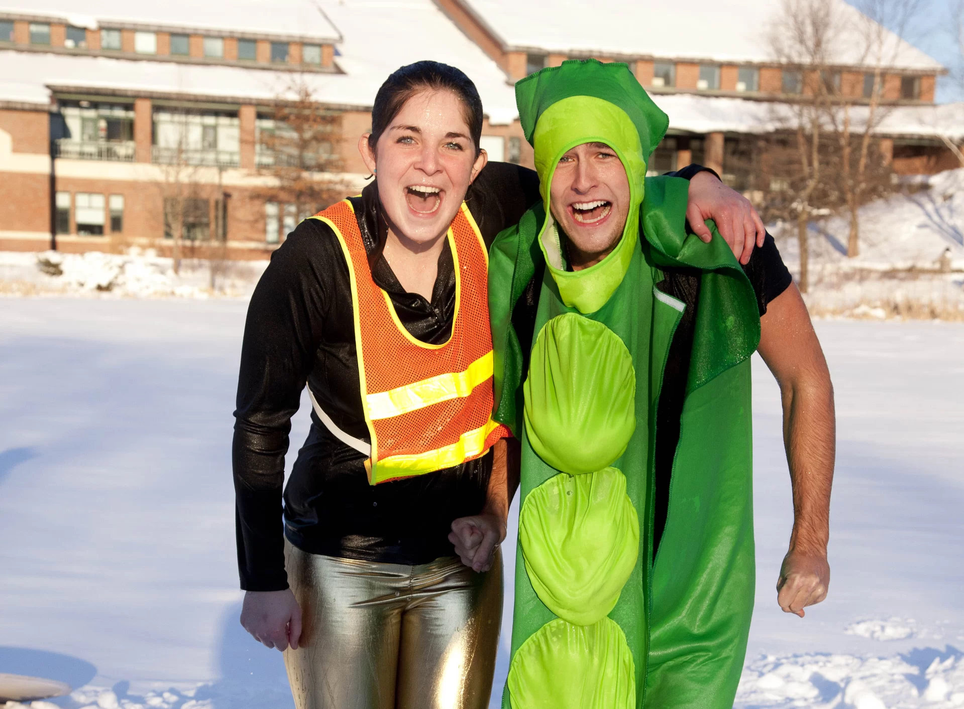 Post-Puddle Jump portraits depict students posing after emerging from the dip into frozen Lake Andrews. This event represents a tradition founded back in 1975 by Stevens '77, Copeland '78, Callahan '78, and Llorente '78.