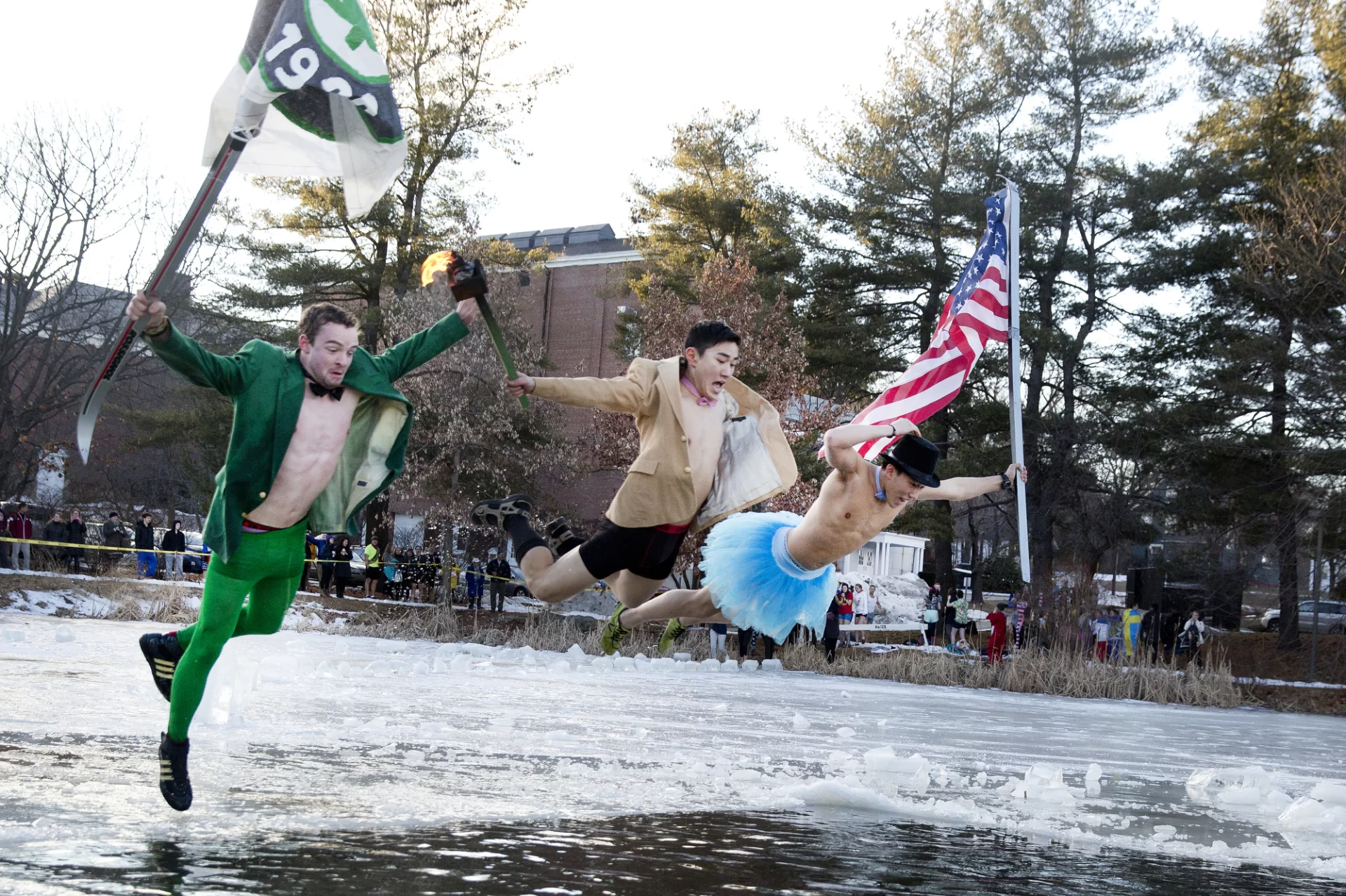 Today,  Jan. 23, hundreds of Bates students took turns making a quick dash onto and into Lake Andrews.

Yep, the Puddle Jump is upon us.

And while the origins of many students traditions are murky, the only thing unclear about the genesis of the Puddle Jump tradition, 40 years old this year, might be the famously turbid water of Lake Andrews.