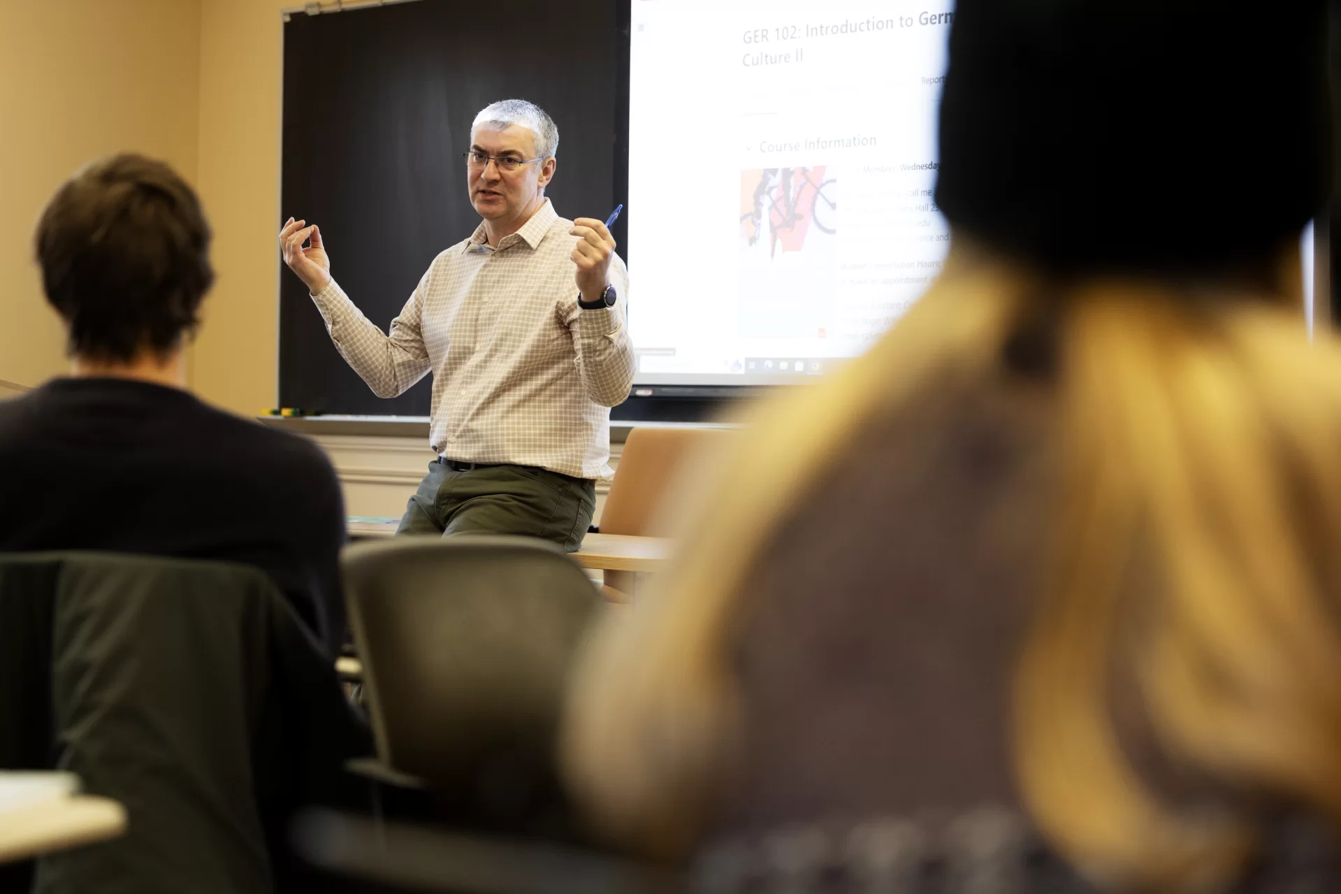 Jakub Kazecki, associate professor of German, teaches during his German Language and Culture course in Roger Hall on January 8, 2025. (Theophil Syslo | Bates College)