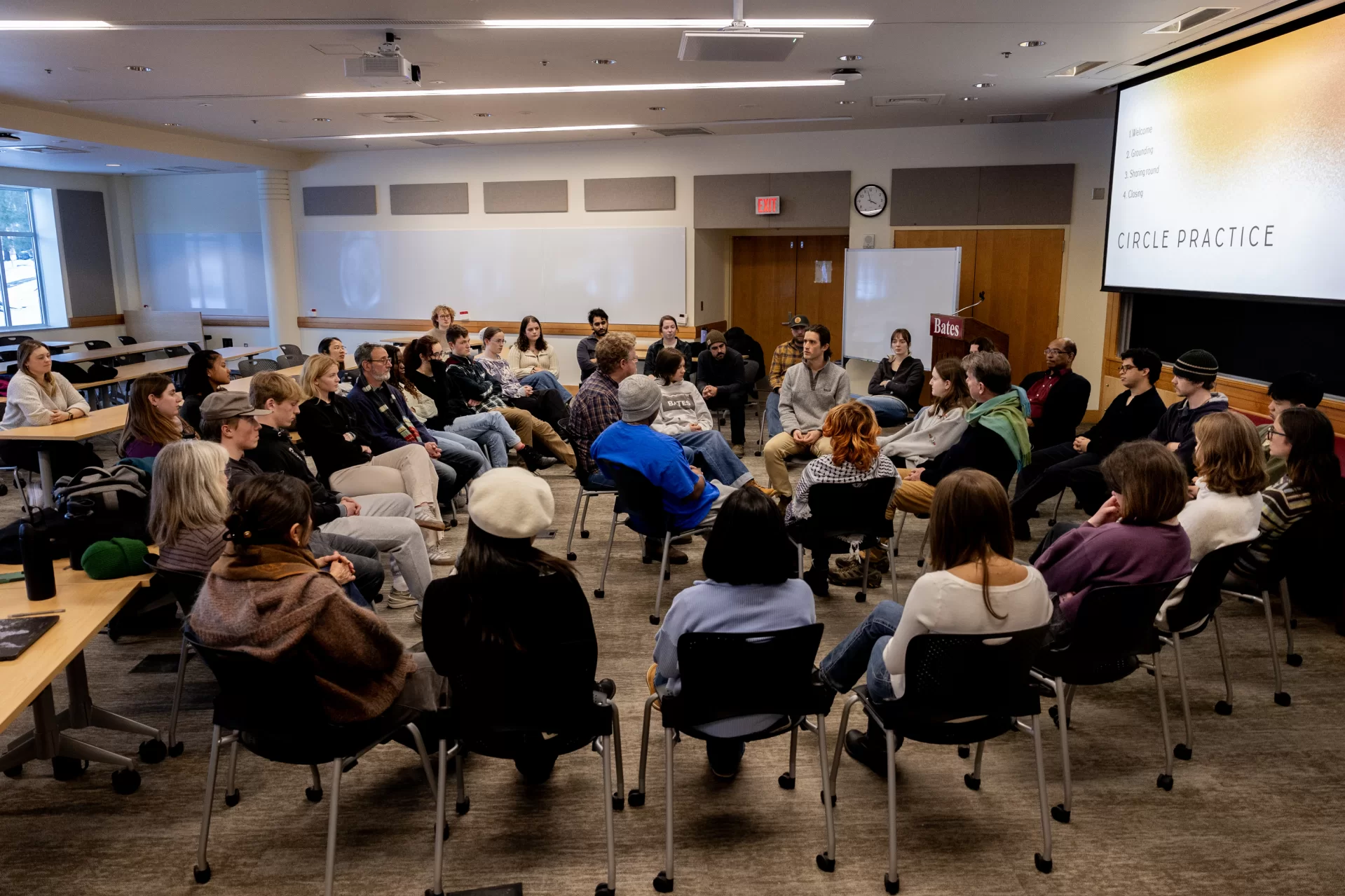 Restorative Practices: Building Bridges for Healing
Workshop: As the restorative practice systems specialist for the Cumberland County Public Health Department, workshop presenter Andrew Forsthoefel collaborates with schools to develop and implement restorative practice/justice systems. The workshop will introduce attendants to restorative justice circles and dialogue facilitation, which allow communities to embrace the humanity of each individual, foster inclusion, repair and transform harm, and nurture deeper connections. The goal would be to give attendees practical skills in approaching difficult conversations and facilitating healthy dialogue, especially in tumultuous political times.

Presenters: Restorative Practice Advisors Julia Parham ’25, Risa Horiuchi ’25, John Campana ’26, and Nice Matrakul ’26; Andee Bucciarelli, assistant dean of community standards and deputy Title IX coordinator; Andrew Forsthoefel
Sponsor: Bates Restorative Practice Advisors

Location: Pettengill G52 | Reserve ticket here