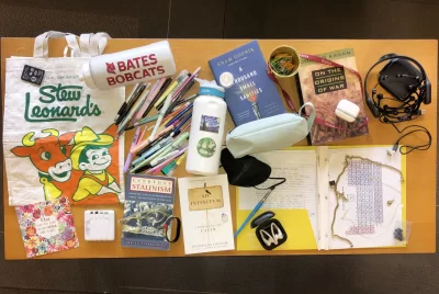 25 items (or 62, depending your count) in the Bates library’s lost and found on Nov. 11, 2024