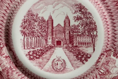 Objects from the Edmund S. Muskie Archives, photographed in the BCO studio at 141 Nichols Street, on July 19, 2018. Wedgwood Plate depicting Parker Hall and Gomes Chapel, this plate is from the college's first edition. It's believed the company began producing college designs in the 1920s.