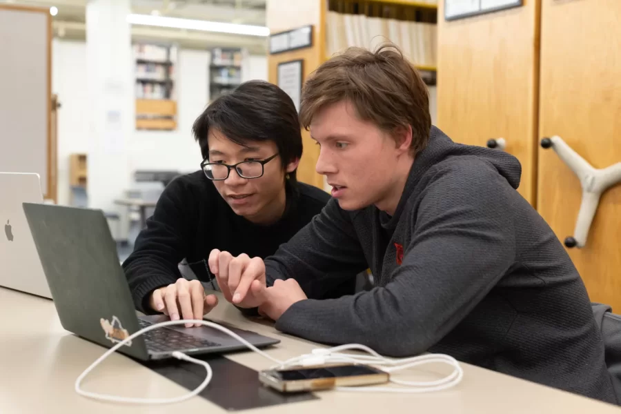 Students study in Ladd Library, Chase Hall, Roger Williams, and Hedge Hall during the early evening of Monday, March 19.


Mathematics majors and classmates Duc Anh ’24 of Hanoi and Ethan Bean ’24 of Oaken, Va., are working together in Ladd Library’s Peer Learning Commons on a proposal for the Upcoming Bobcat Ventures event.