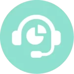 Teal iconography with headset and pie chart in white