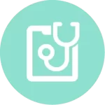 Teal iconography with clipboard and stethoscope in white