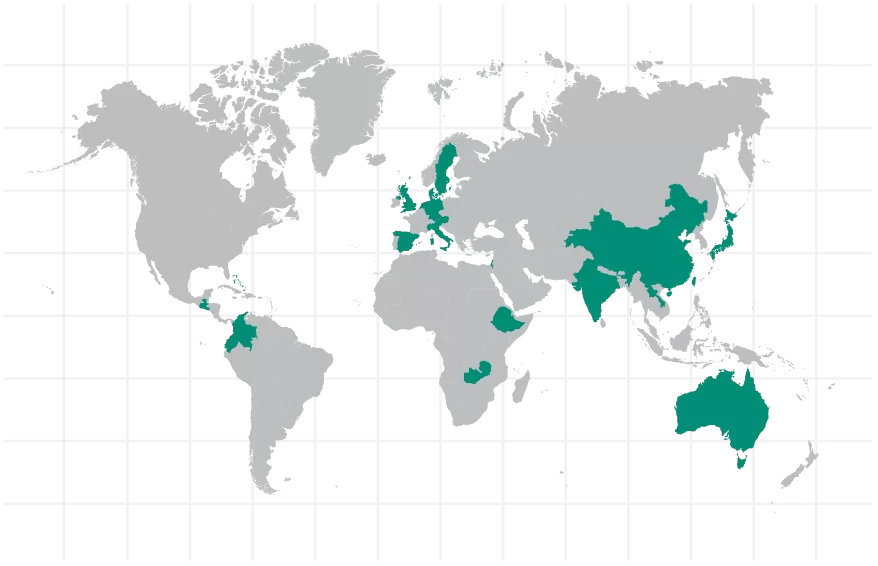 world map with highlighted areas corresponding with areas of work