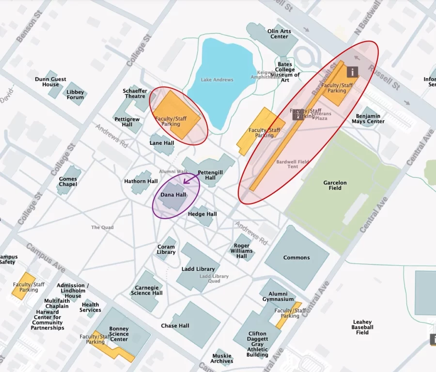 Bates campus map with annotated parking